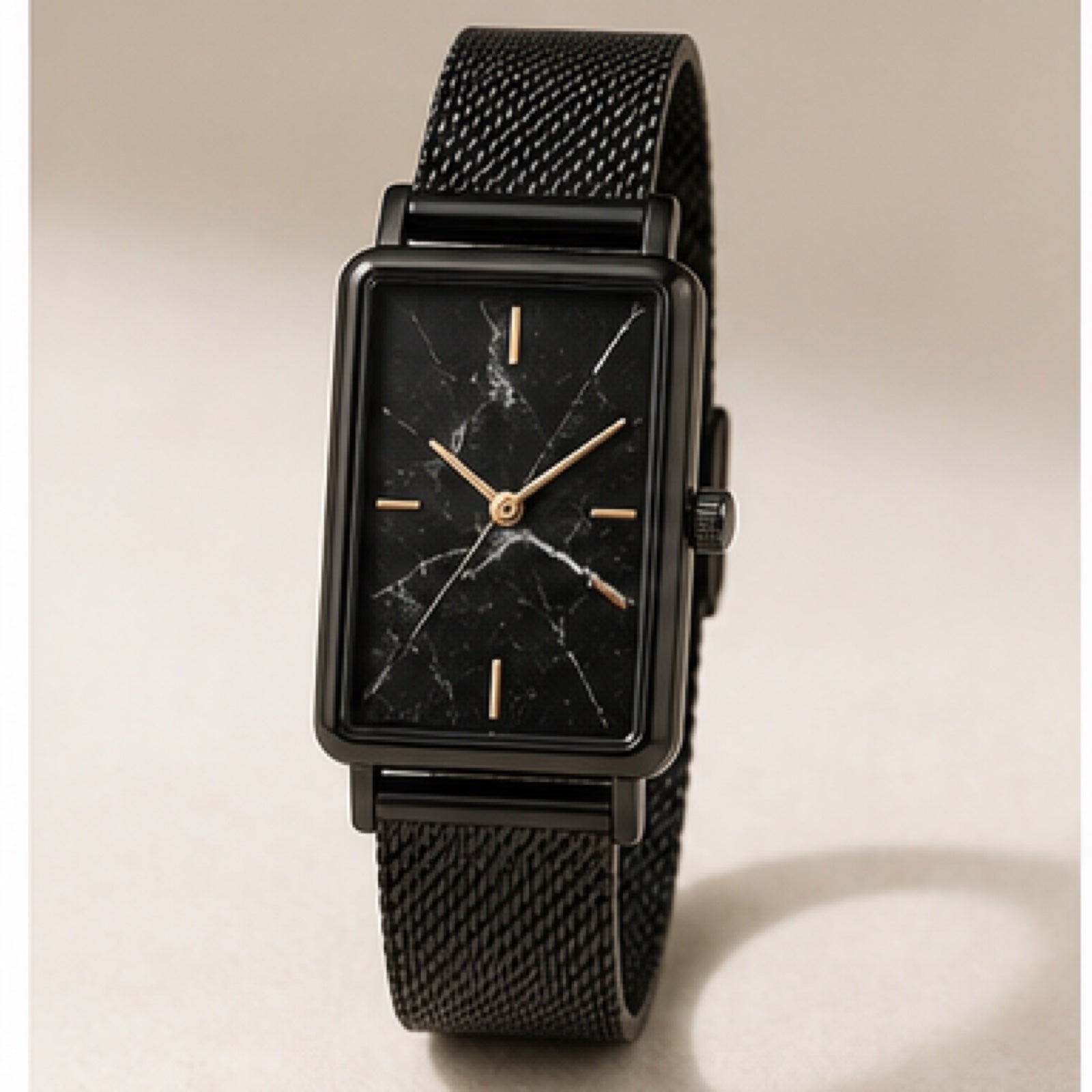Marble dial quartz watch on a black mesh band