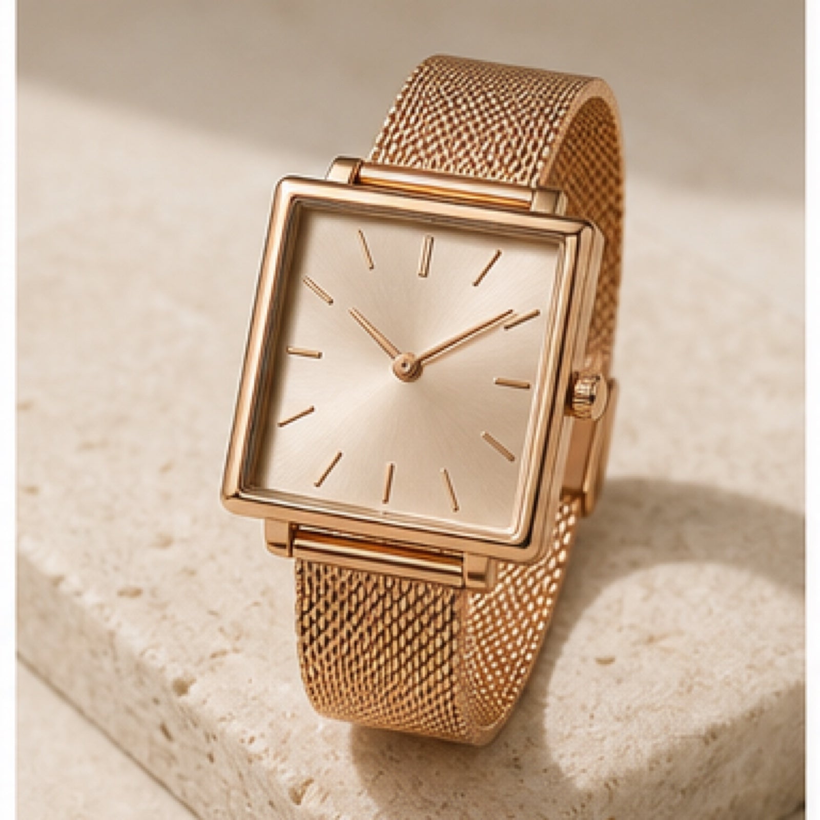 Rose gold rectangular quartz watch on a mesh band